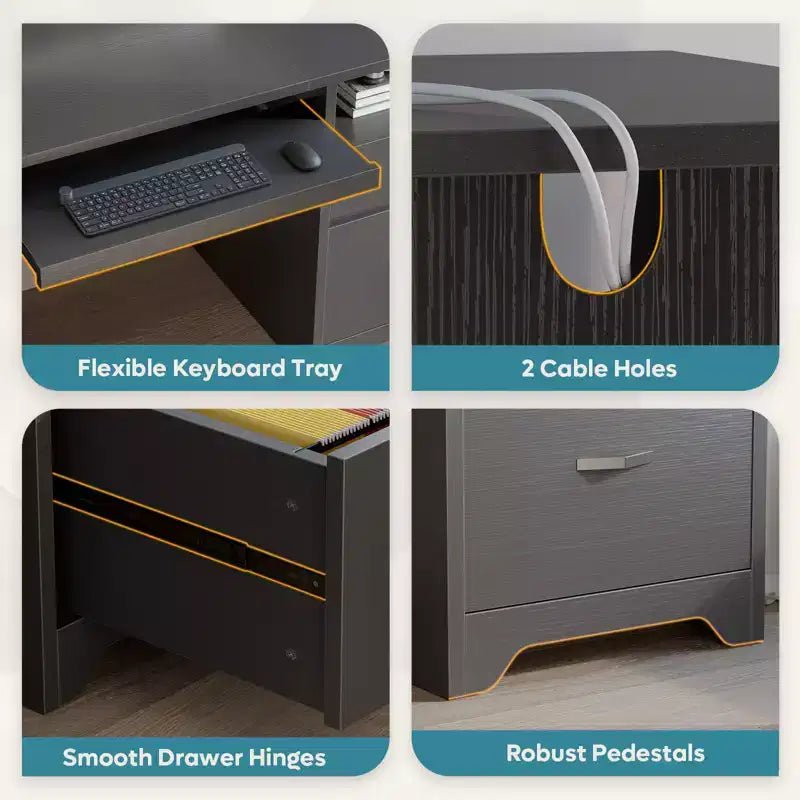 Bestier 59'' Office Desk with Charging Station & Keyboard Tray, Computer Desk with Drawers, Modern Executive Desk for Home office