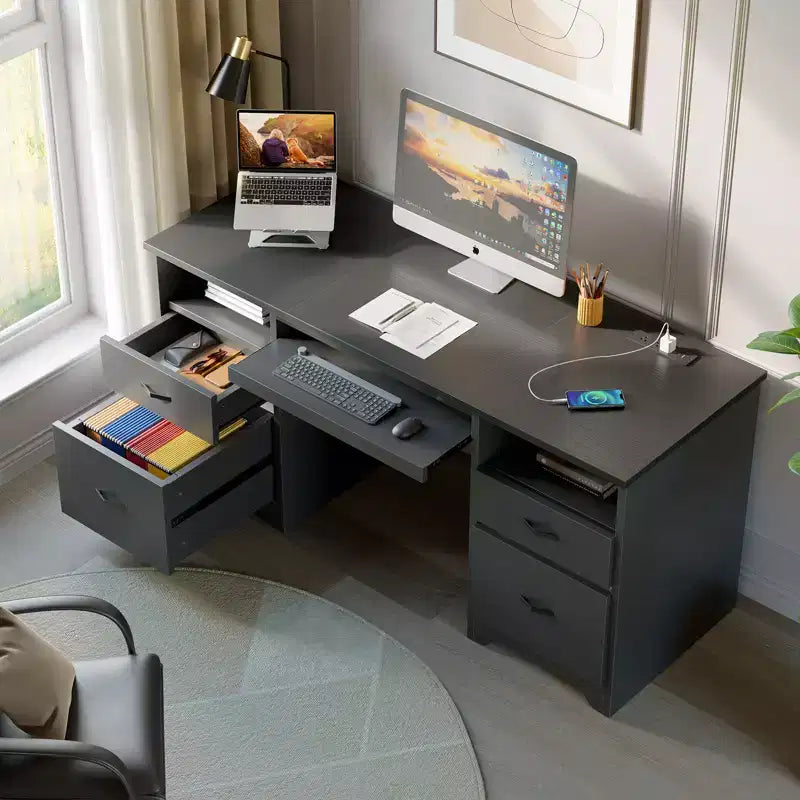 Bestier 59'' Office Desk with Charging Station & Keyboard Tray, Computer Desk with Drawers, Modern Executive Desk for Home office