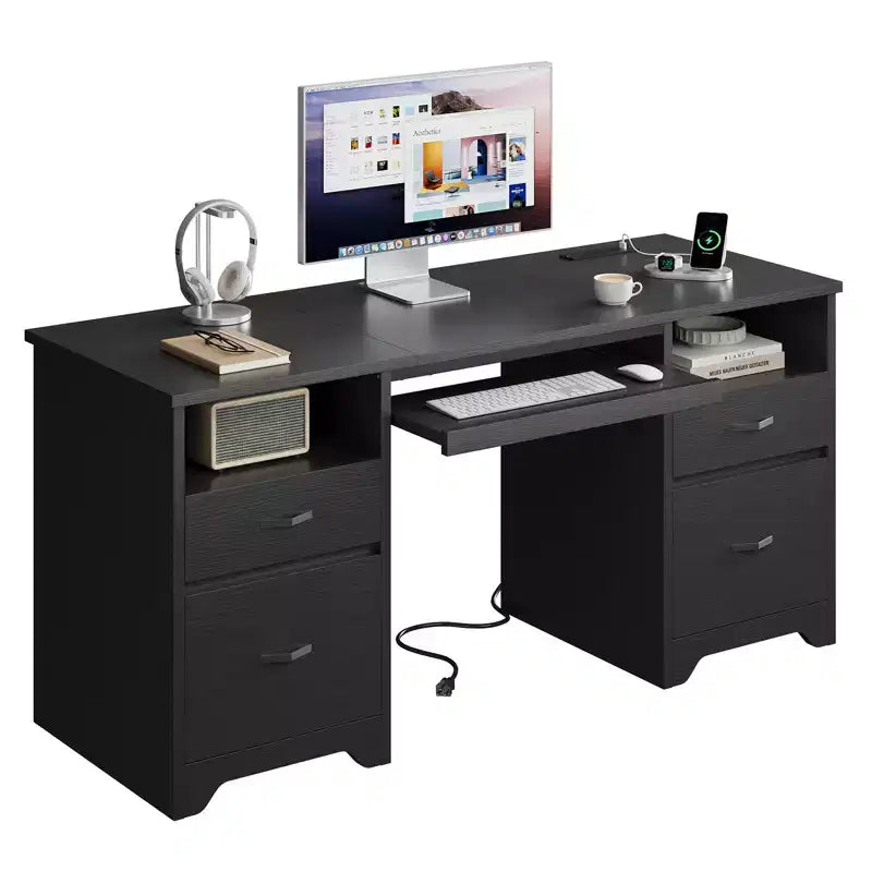 Bestier 59'' Office Desk with Charging Station & Keyboard Tray, Computer Desk with Drawers, Modern Executive Desk for Home office