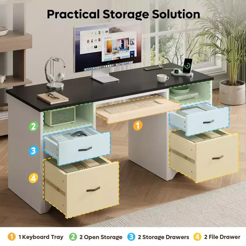 Bestier 59'' Office Desk with Charging Station & Keyboard Tray, Computer Desk with Drawers, Modern Executive Desk for Home office