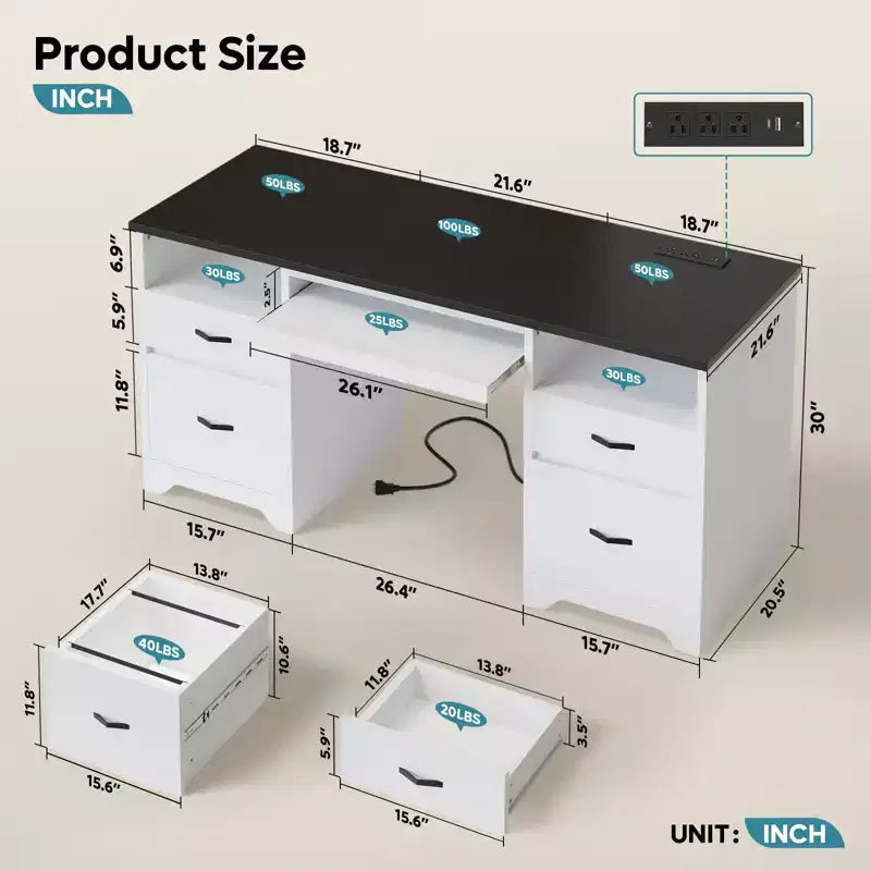 Bestier 59'' Office Desk with Charging Station & Keyboard Tray, Computer Desk with Drawers, Modern Executive Desk for Home office