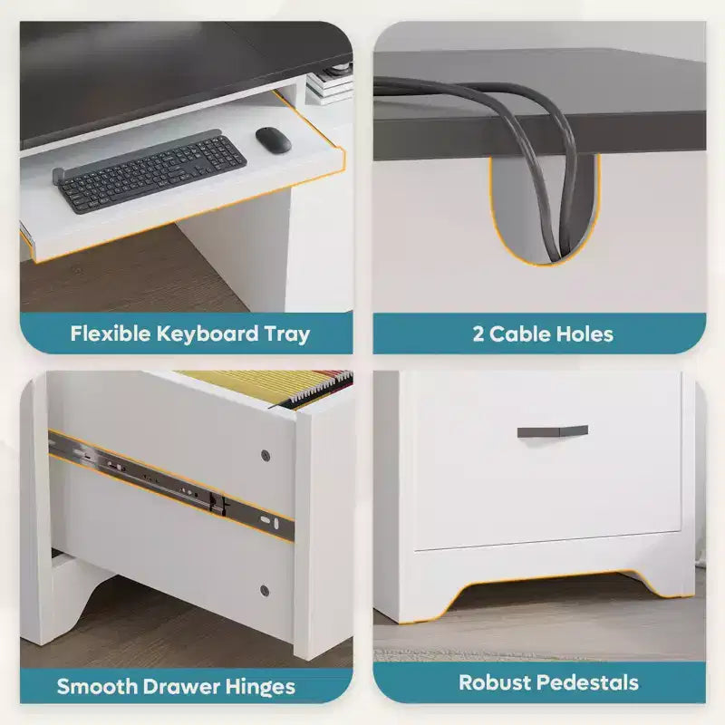 Bestier 59'' Office Desk with Charging Station & Keyboard Tray, Computer Desk with Drawers, Modern Executive Desk for Home office