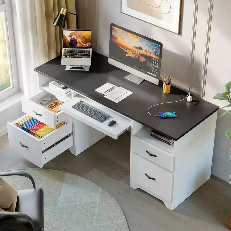 Bestier 59'' Office Desk with Charging Station & Keyboard Tray, Computer Desk with Drawers, Modern Executive Desk for Home office