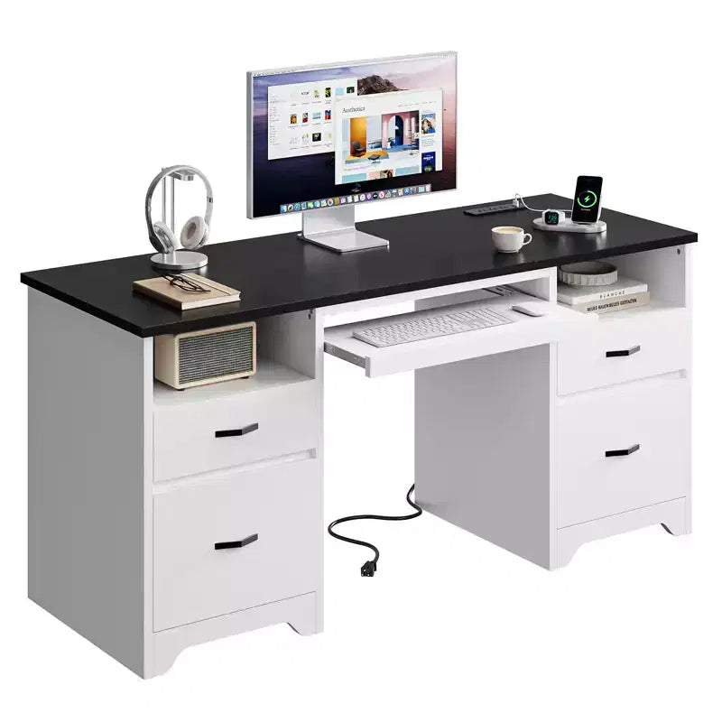 Bestier 59'' Office Desk with Charging Station & Keyboard Tray, Computer Desk with Drawers, Modern Executive Desk for Home office
