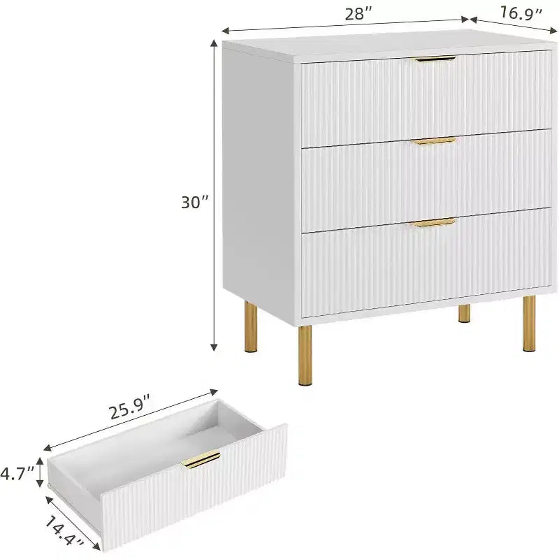 Modern 3-Drawer Dresser - Gold Handle & Large Storage for Bedroom & Living Room