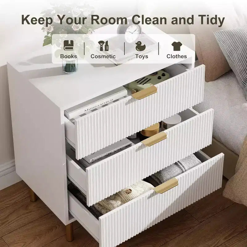 Modern 3-Drawer Dresser - Gold Handle & Large Storage for Bedroom & Living Room