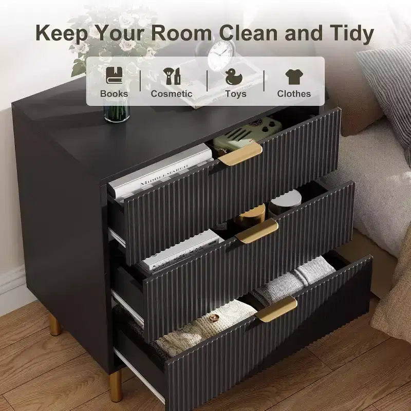 Modern 3-Drawer Dresser - Gold Handle & Large Storage for Bedroom & Living Room