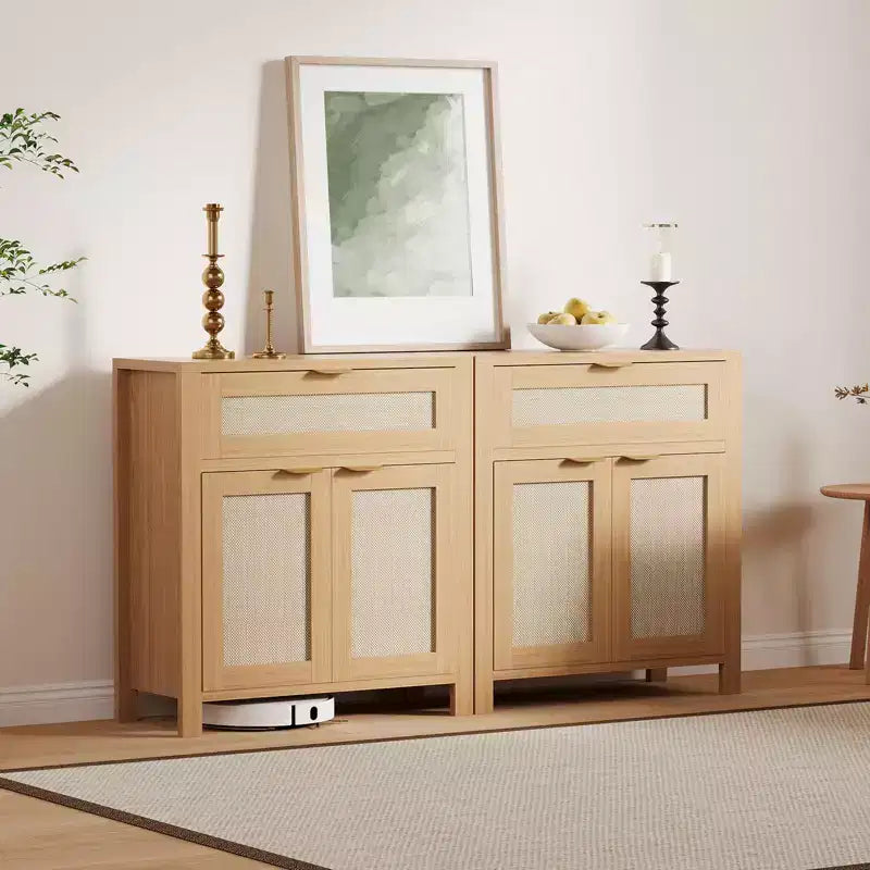 Modern Rattan Sideboard Buffet Storage Cabinet with Doors, Boho Narrow Accent Credenza Cabinet with Storage Coffee Bar Console Table