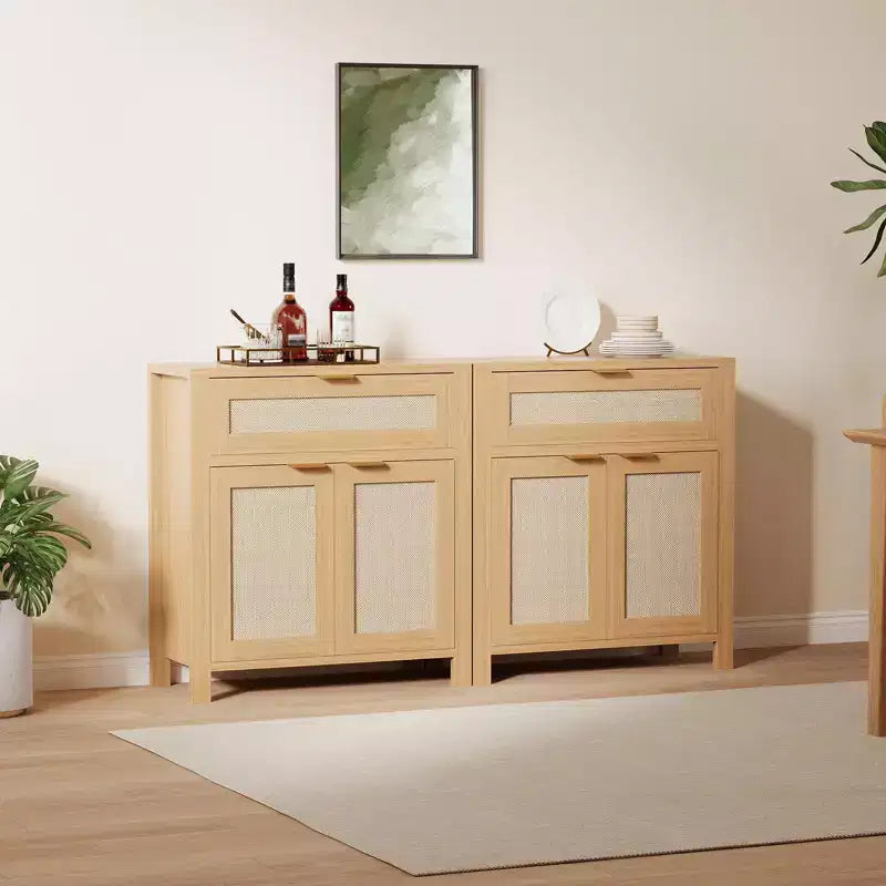 Modern Rattan Sideboard Buffet Storage Cabinet with Doors, Boho Narrow Accent Credenza Cabinet with Storage Coffee Bar Console Table
