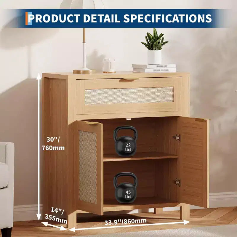 Modern Rattan Sideboard Buffet Storage Cabinet with Doors, Boho Narrow Accent Credenza Cabinet with Storage Coffee Bar Console Table