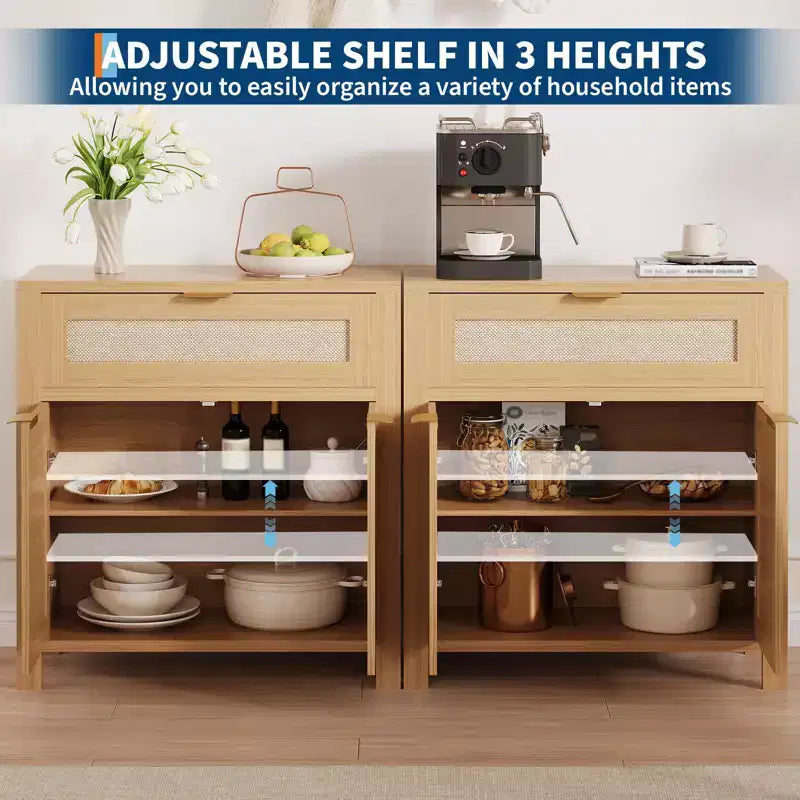 Modern Rattan Sideboard Buffet Storage Cabinet with Doors, Boho Narrow Accent Credenza Cabinet with Storage Coffee Bar Console Table
