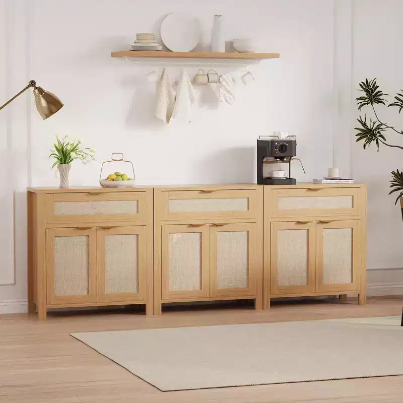 Modern Rattan Sideboard Buffet Storage Cabinet with Doors, Boho Narrow Accent Credenza Cabinet with Storage Coffee Bar Console Table