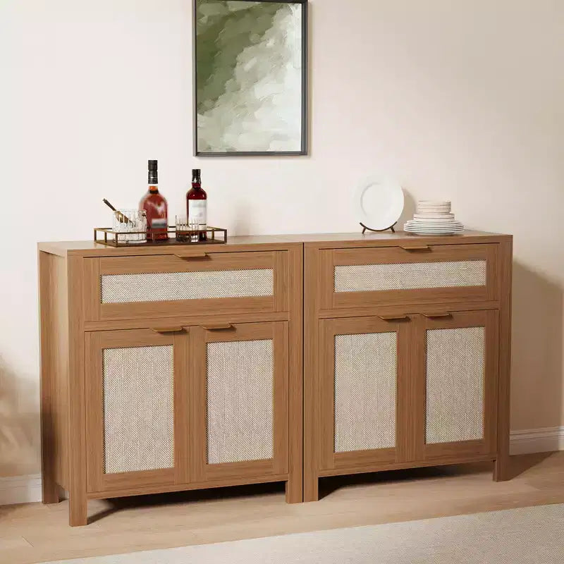 Modern Rattan Sideboard Buffet Storage Cabinet with Doors, Boho Narrow Accent Credenza Cabinet with Storage Coffee Bar Console Table