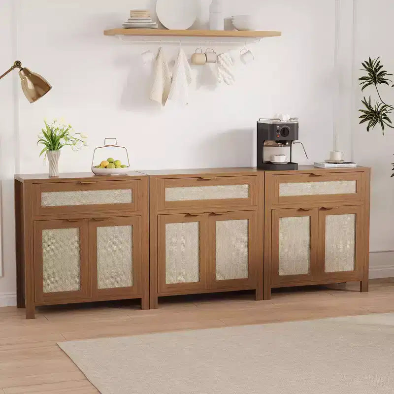 Modern Rattan Sideboard Buffet Storage Cabinet with Doors, Boho Narrow Accent Credenza Cabinet with Storage Coffee Bar Console Table