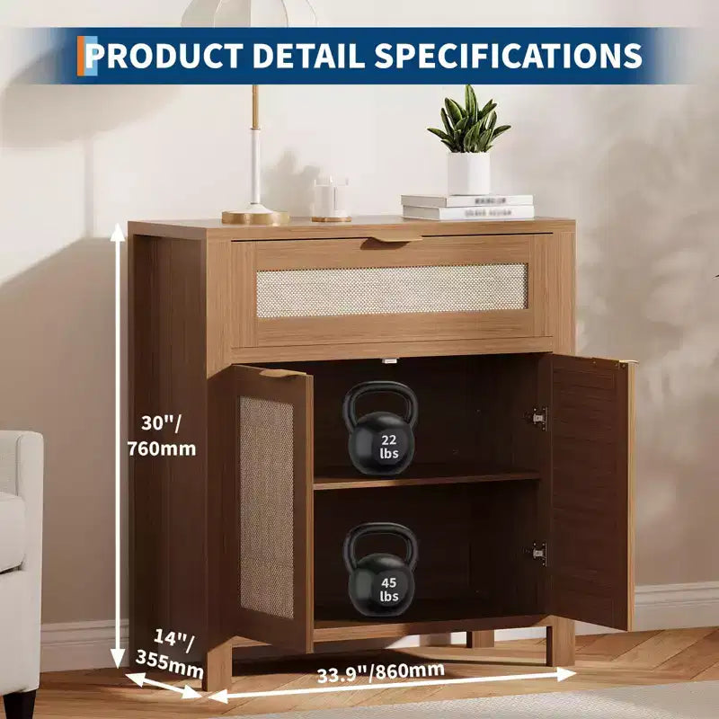 Modern Rattan Sideboard Buffet Storage Cabinet with Doors, Boho Narrow Accent Credenza Cabinet with Storage Coffee Bar Console Table