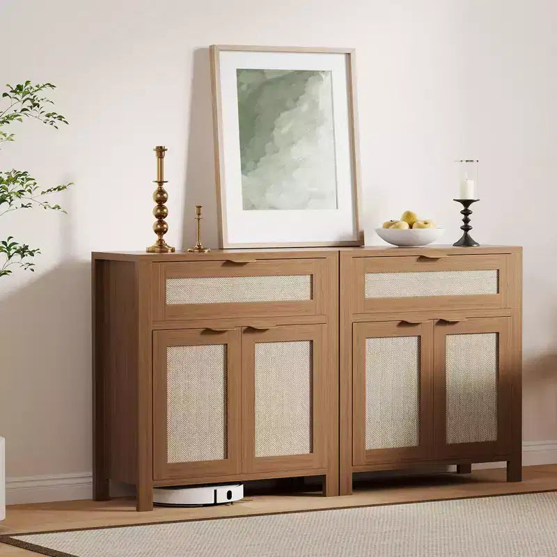 Modern Rattan Sideboard Buffet Storage Cabinet with Doors, Boho Narrow Accent Credenza Cabinet with Storage Coffee Bar Console Table