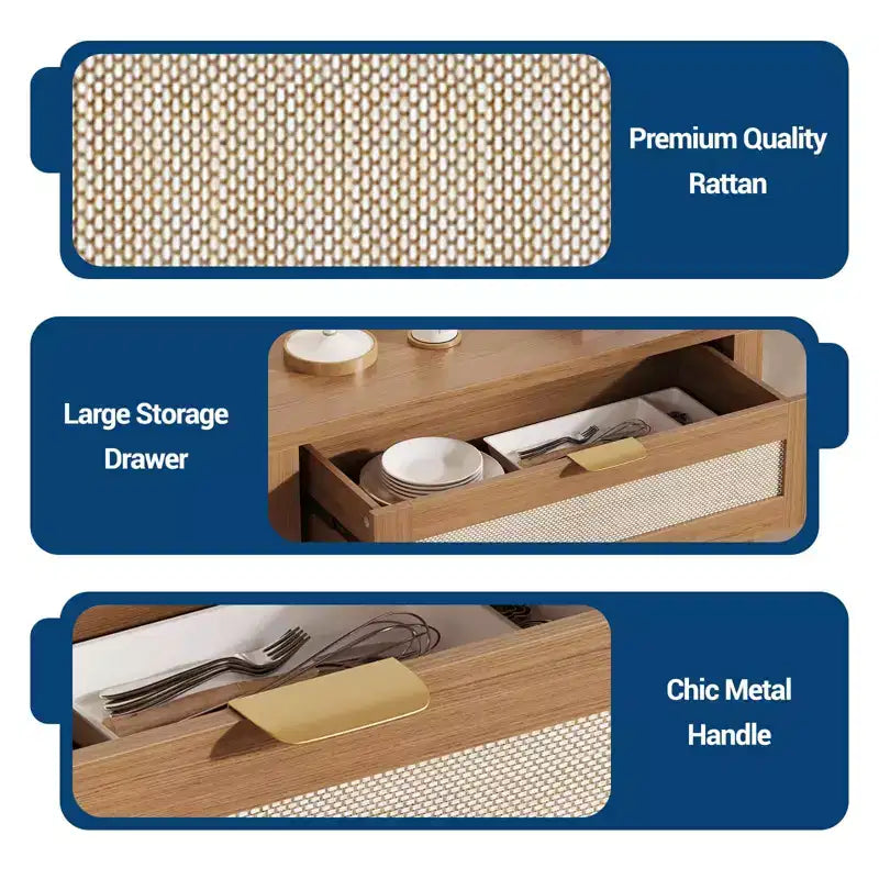 Modern Rattan Sideboard Buffet Storage Cabinet with Doors, Boho Narrow Accent Credenza Cabinet with Storage Coffee Bar Console Table