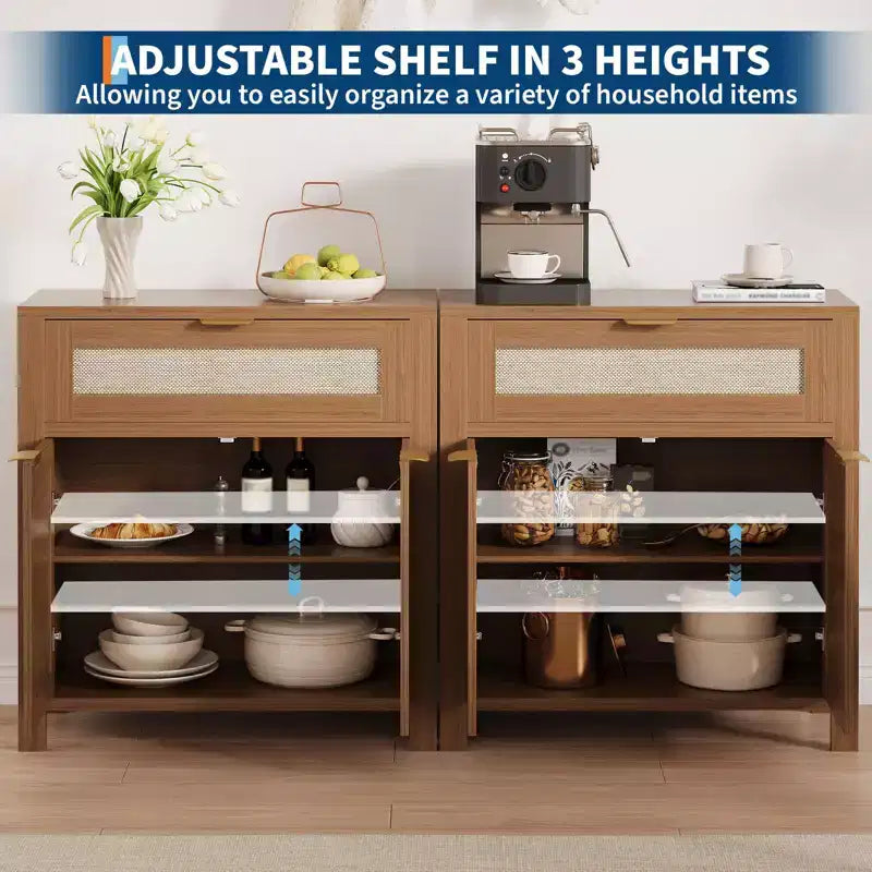 Modern Rattan Sideboard Buffet Storage Cabinet with Doors, Boho Narrow Accent Credenza Cabinet with Storage Coffee Bar Console Table