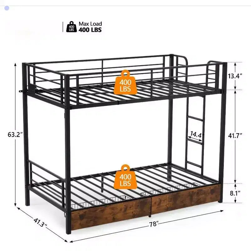 Karl Home Twin-over-Twin Metal Bunk Bed with 2 Drawers and Charging Station, LED Light, Black