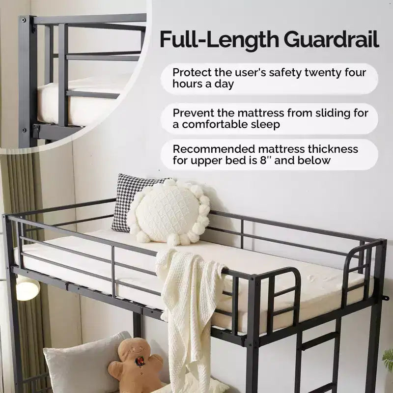 Karl Home Twin-over-Twin Metal Bunk Bed with 2 Drawers and Charging Station, LED Light, Black