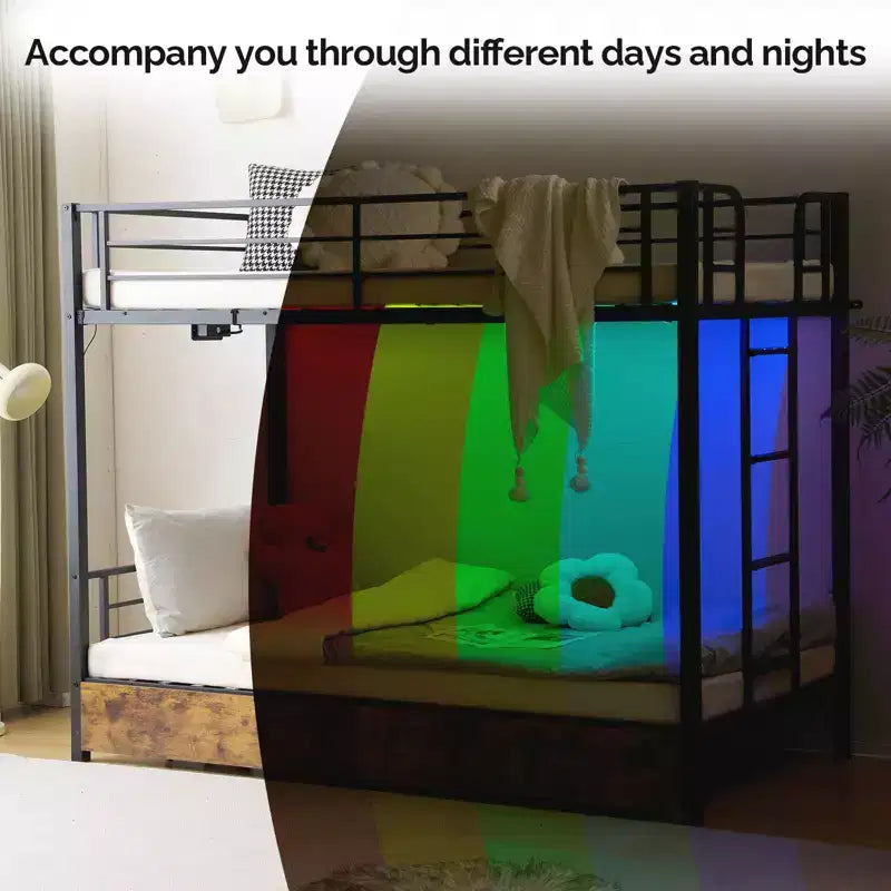 Karl Home Twin-over-Twin Metal Bunk Bed with 2 Drawers and Charging Station, LED Light, Black