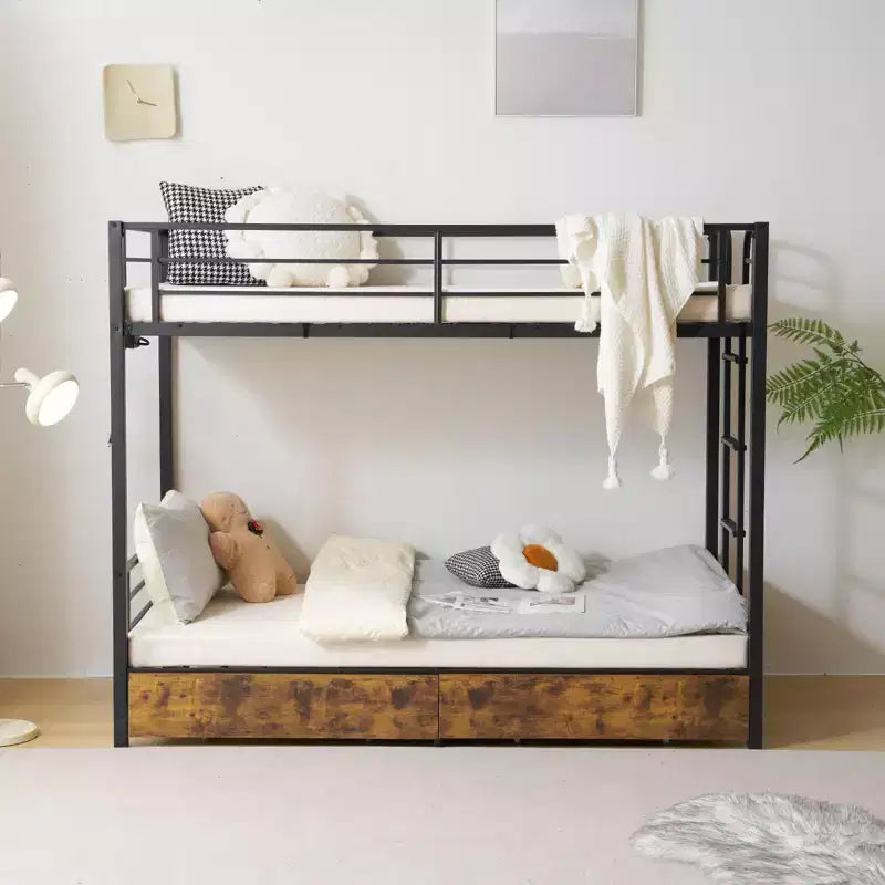 Karl Home Twin-over-Twin Metal Bunk Bed with 2 Drawers and Charging Station, LED Light, Black