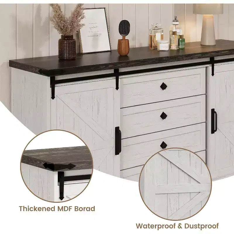 Sideboard Buffet Cabinet with Storage, Farmhouse TV Stand w/Sliding Barn Door, Large Buffet Table for Dining Room, Kitchen and Living Room