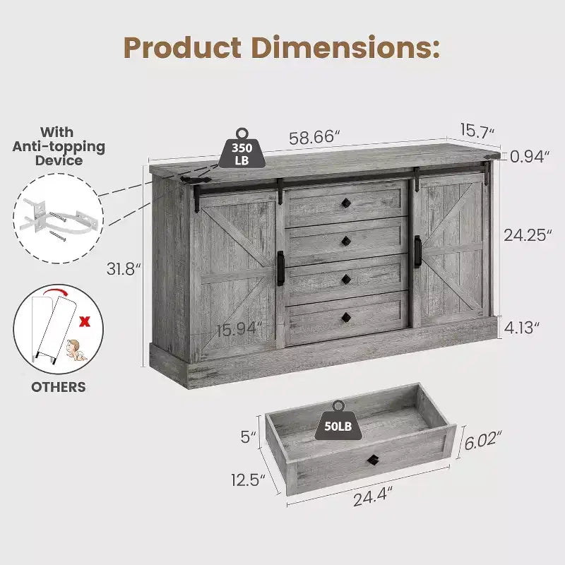 Sideboard Buffet Cabinet with Storage, Farmhouse TV Stand w/Sliding Barn Door, Large Buffet Table for Dining Room, Kitchen and Living Room