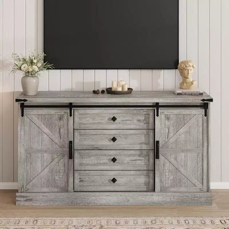 Sideboard Buffet Cabinet with Storage, Farmhouse TV Stand w/Sliding Barn Door, Large Buffet Table for Dining Room, Kitchen and Living Room