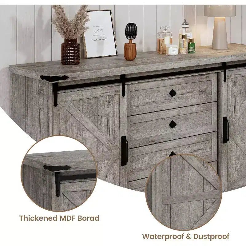 Sideboard Buffet Cabinet with Storage, Farmhouse TV Stand w/Sliding Barn Door, Large Buffet Table for Dining Room, Kitchen and Living Room