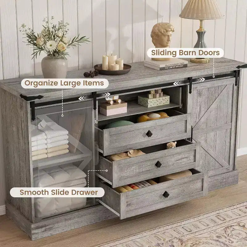 Sideboard Buffet Cabinet with Storage, Farmhouse TV Stand w/Sliding Barn Door, Large Buffet Table for Dining Room, Kitchen and Living Room