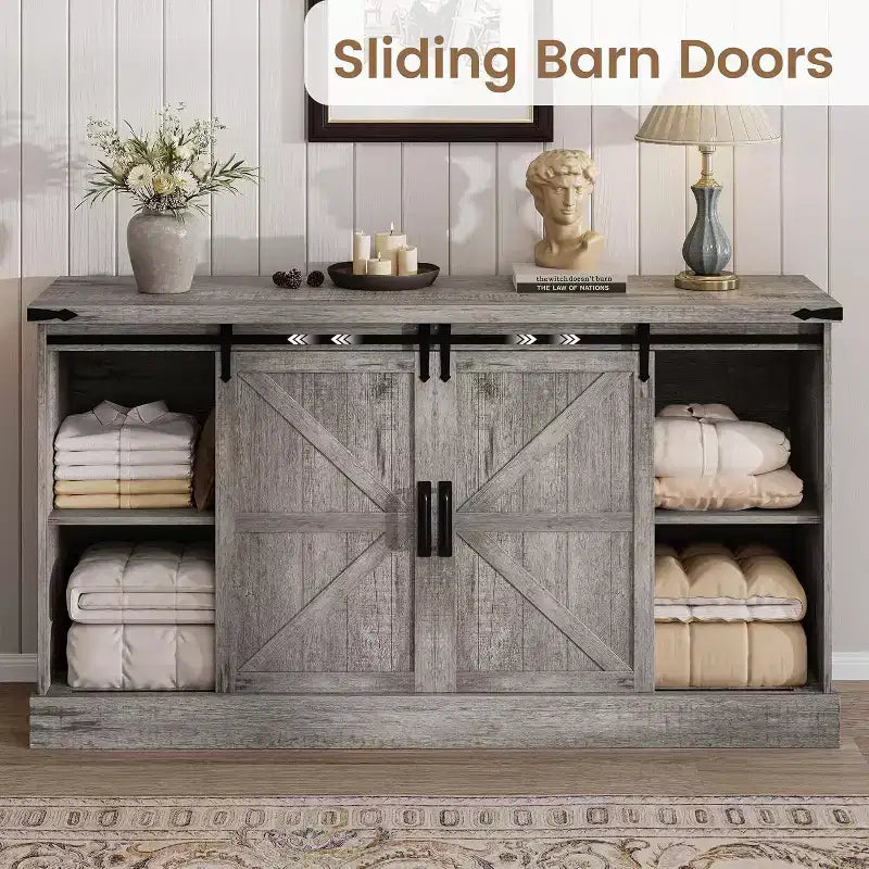 Sideboard Buffet Cabinet with Storage, Farmhouse TV Stand w/Sliding Barn Door, Large Buffet Table for Dining Room, Kitchen and Living Room