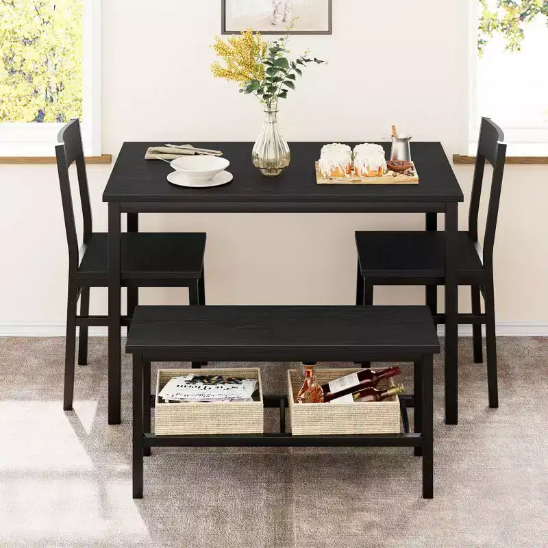 4-Piece Wooden Dining Table Set with Bench & 2 Chairs, Kitchen Table Set with Storage Rack, Space-Saving
