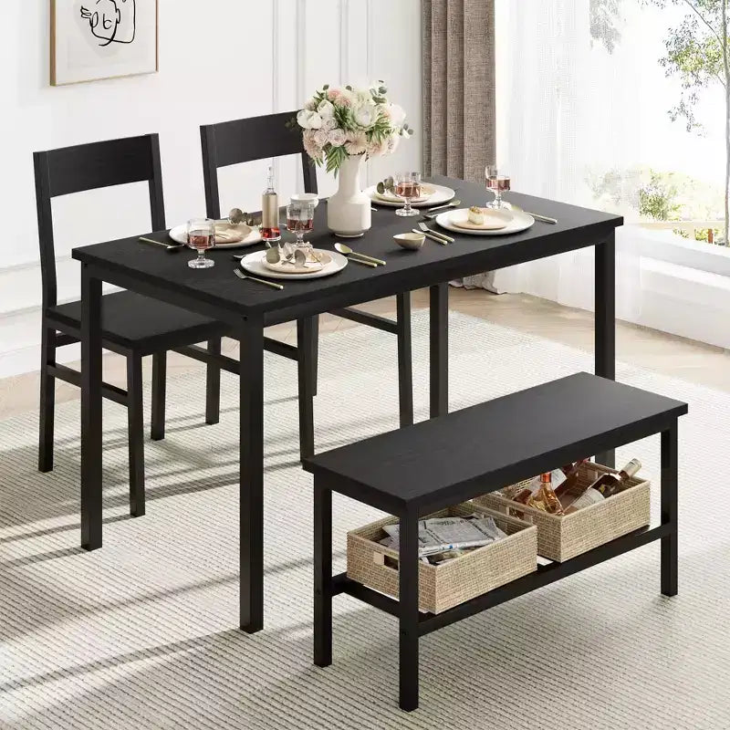 4-Piece Wooden Dining Table Set with Bench & 2 Chairs, Kitchen Table Set with Storage Rack, Space-Saving