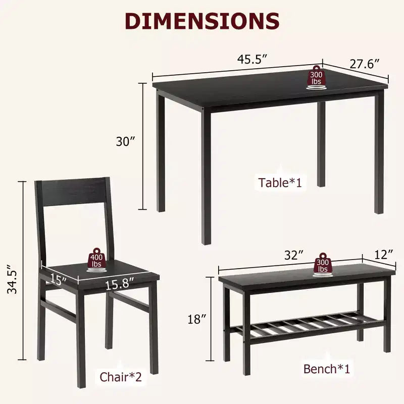 4-Piece Wooden Dining Table Set with Bench & 2 Chairs, Kitchen Table Set with Storage Rack, Space-Saving