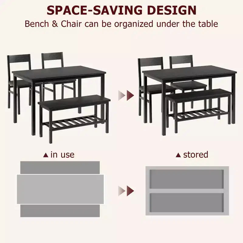 4-Piece Wooden Dining Table Set with Bench & 2 Chairs, Kitchen Table Set with Storage Rack, Space-Saving