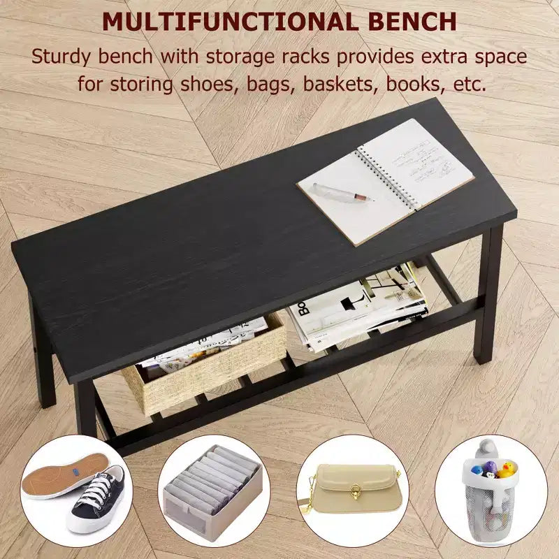 4-Piece Wooden Dining Table Set with Bench & 2 Chairs, Kitchen Table Set with Storage Rack, Space-Saving