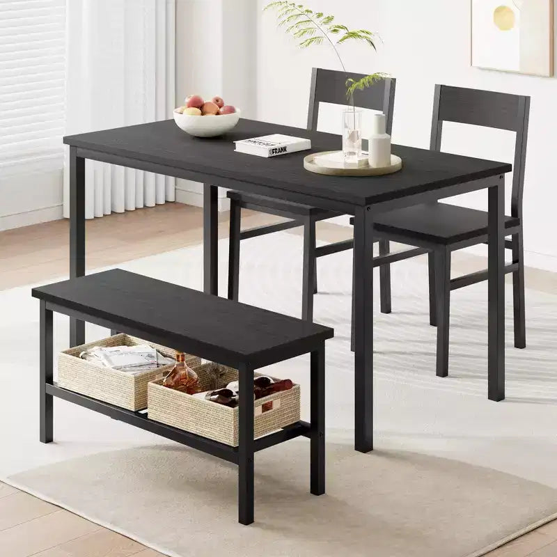 4-Piece Wooden Dining Table Set with Bench & 2 Chairs, Kitchen Table Set with Storage Rack, Space-Saving