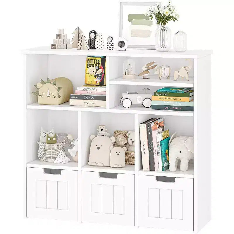Acekool Kids Bookcase Toy Storage Cabinet, Organizer with 3 Movable Drawers & Hidden Wheels, 6 Compartments for Bedroom, Playroom, Nursery, White
