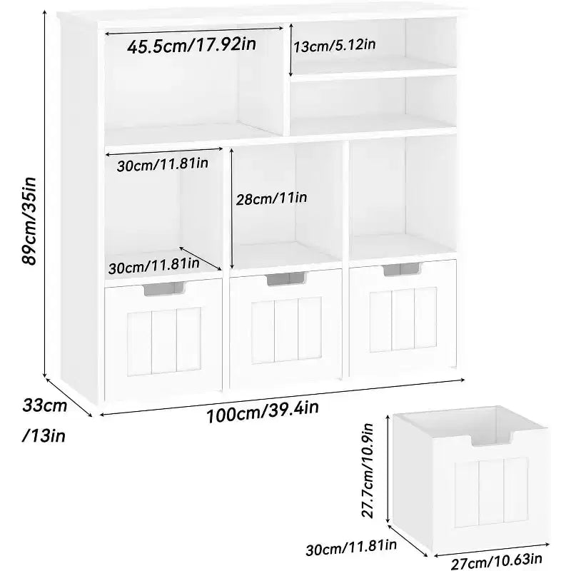 Acekool Kids Bookcase Toy Storage Cabinet, Organizer with 3 Movable Drawers & Hidden Wheels, 6 Compartments for Bedroom, Playroom, Nursery, White