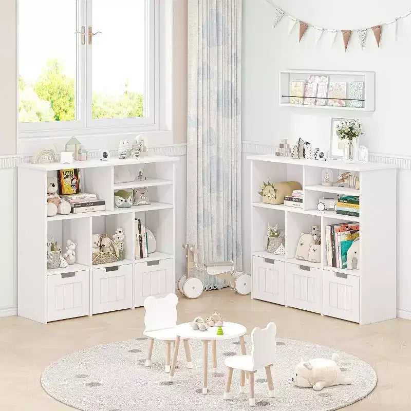 Acekool Kids Bookcase Toy Storage Cabinet, Organizer with 3 Movable Drawers & Hidden Wheels, 6 Compartments for Bedroom, Playroom, Nursery, White