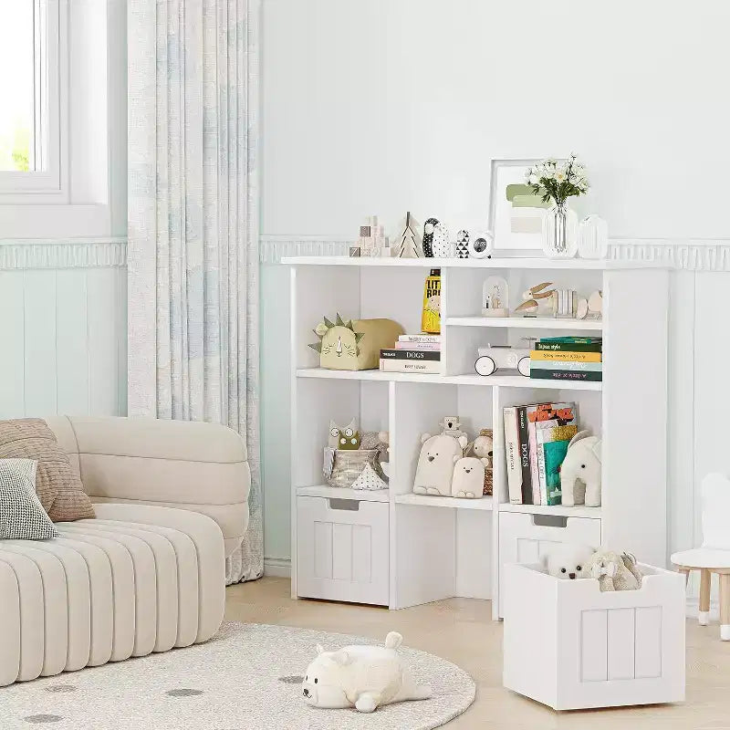 Acekool Kids Bookcase Toy Storage Cabinet, Organizer with 3 Movable Drawers & Hidden Wheels, 6 Compartments for Bedroom, Playroom, Nursery, White