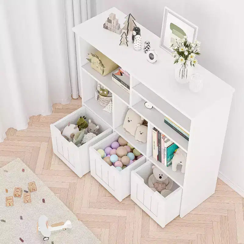 Acekool Kids Bookcase Toy Storage Cabinet, Organizer with 3 Movable Drawers & Hidden Wheels, 6 Compartments for Bedroom, Playroom, Nursery, White