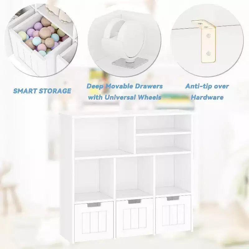 Acekool Kids Bookcase Toy Storage Cabinet, Organizer with 3 Movable Drawers & Hidden Wheels, 6 Compartments for Bedroom, Playroom, Nursery, White