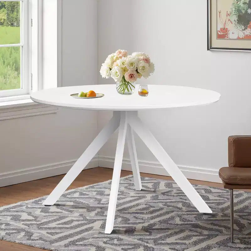 MAYEERTY 47in Round Wooden Dining Table Metal Frame Fits 4-6 People for Kitchen Dining Living Room White