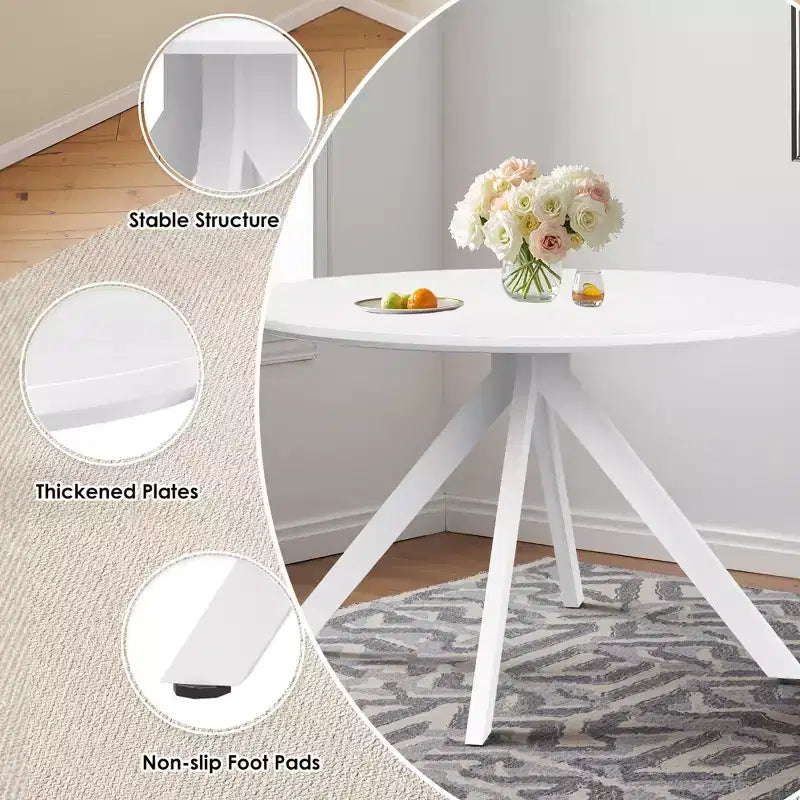 MAYEERTY 47in Round Wooden Dining Table Metal Frame Fits 4-6 People for Kitchen Dining Living Room White