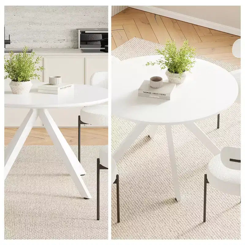 MAYEERTY 47in Round Wooden Dining Table Metal Frame Fits 4-6 People for Kitchen Dining Living Room White