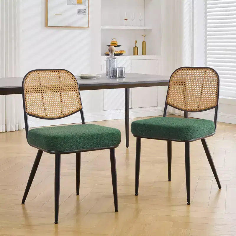 Bekrvio Rattan Dining Chairs Set of 2 - Mid Century Modern Boucle Upholstered Cane Back Side Chairs with Metal Legs for Kitchen