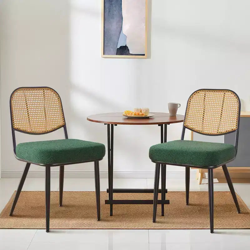 Bekrvio Rattan Dining Chairs Set of 2 - Mid Century Modern Boucle Upholstered Cane Back Side Chairs with Metal Legs for Kitchen