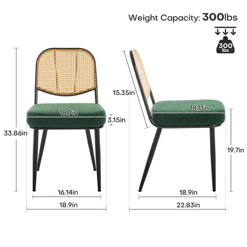 Bekrvio Rattan Dining Chairs Set of 2 - Mid Century Modern Boucle Upholstered Cane Back Side Chairs with Metal Legs for Kitchen
